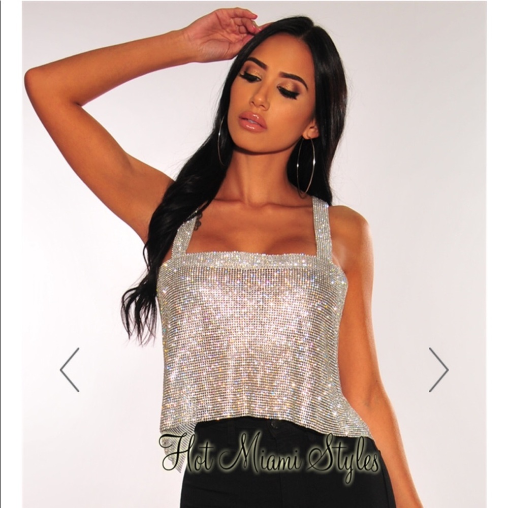 Silver Rhinestone Mesh Metal Chainmail Top